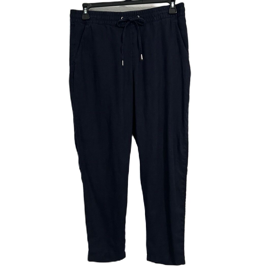 H&M Pants Women 10 Navy Linen Drawstring Elastic Taper Pocket Comfy Beachy Boho